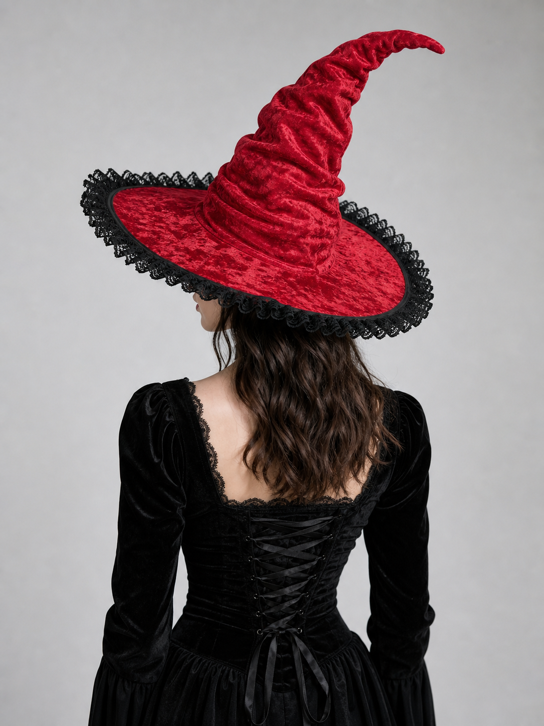 Red and Black Wide Brim Witch Hat, Tall Curved Pointed Top with Black Lace Trim