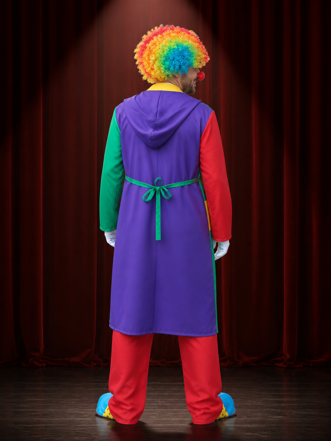 Unisex Adult Clown Costume Set, Multi-Color Patchwork Robe, Vest & Pants for back view