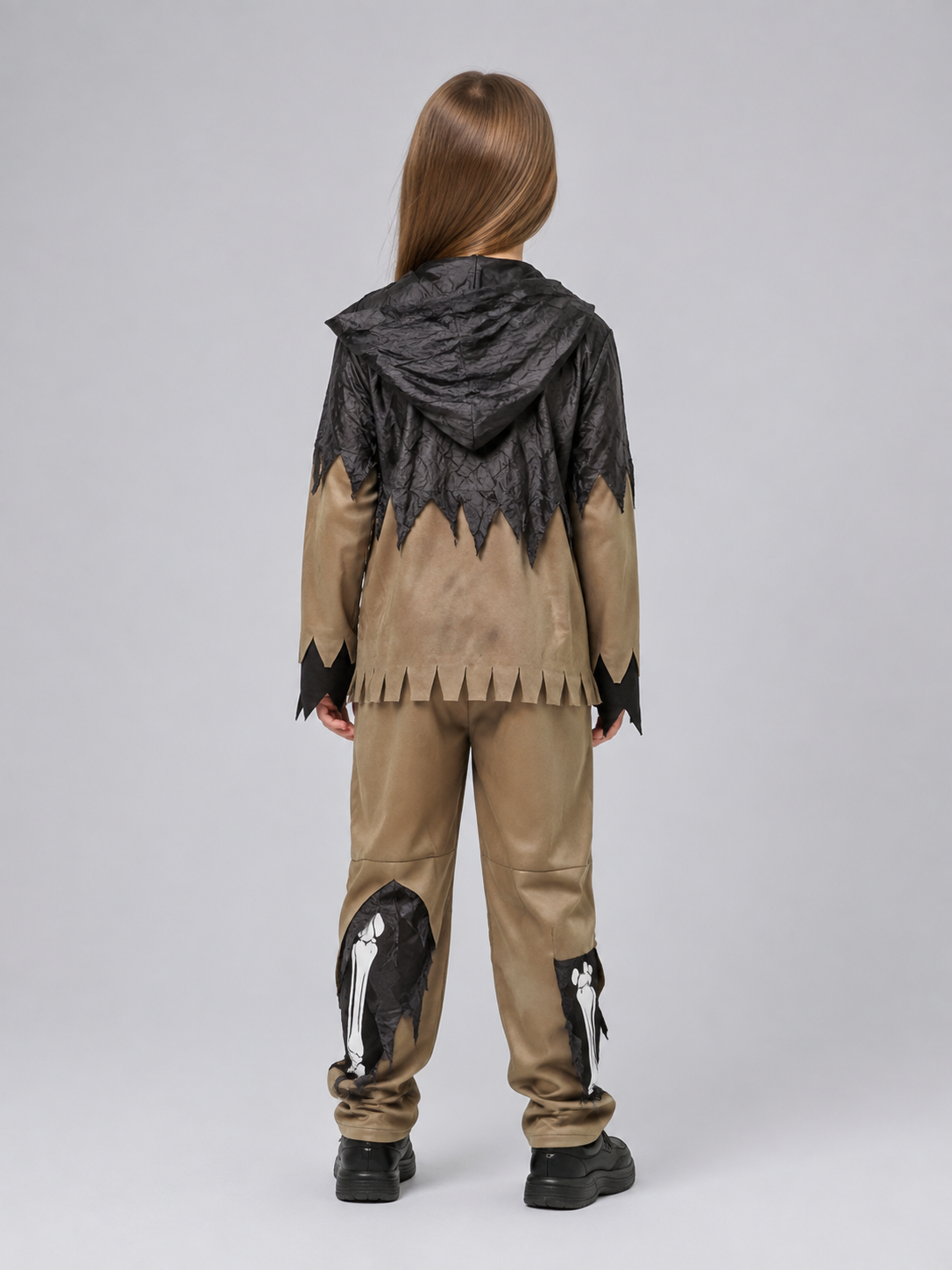 Hooded costume with a skeleton print and torn panels back view