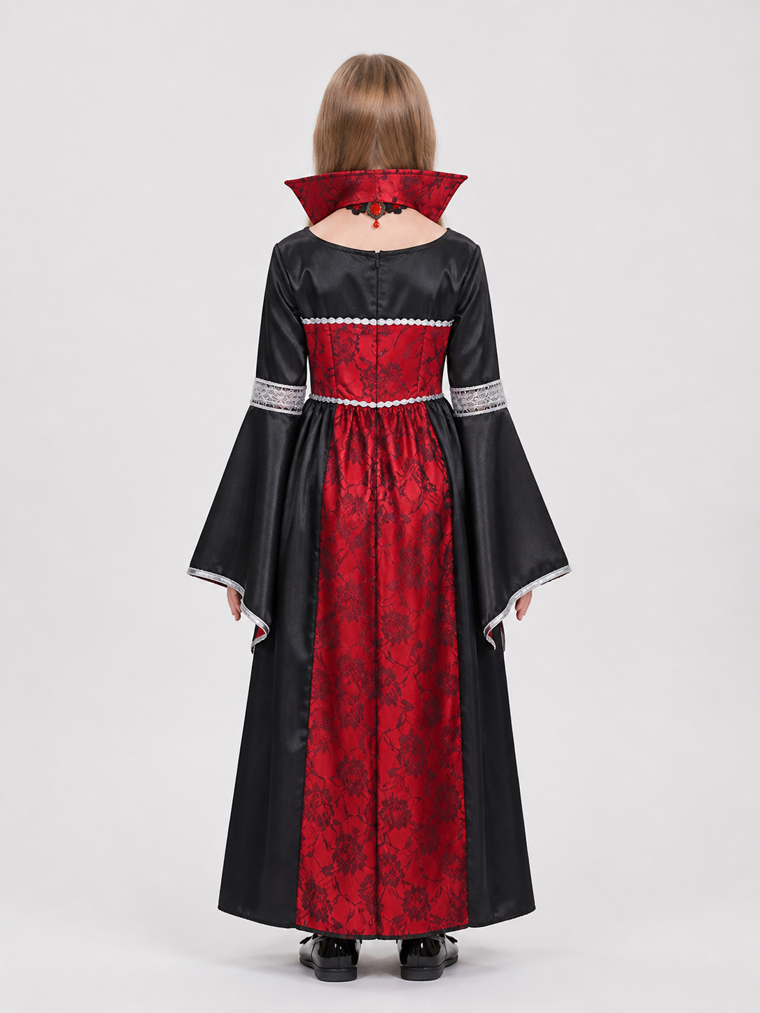 Children's Witch Vampire Costume, Red and Black with Silver back view