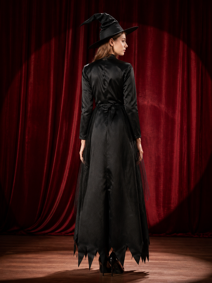 Women's Black Witch Costume Set, Long-Sleeve Dress With Pointed Hat back view
