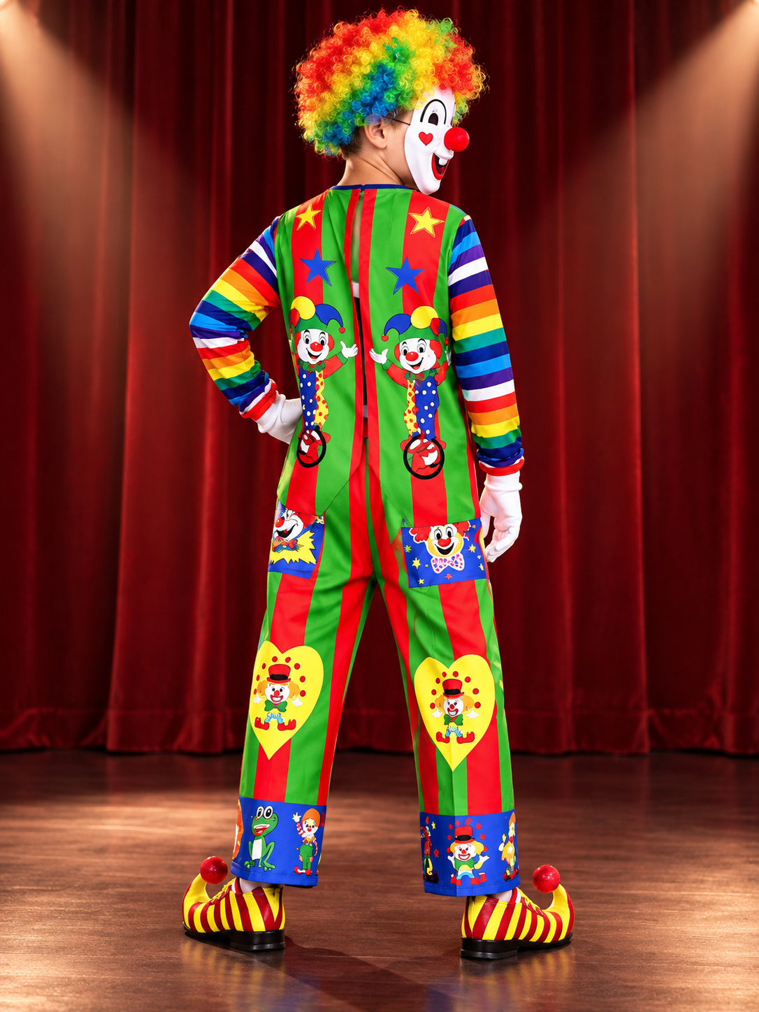 Multicolor Clown Costume with Wig, Mask, and Gloves