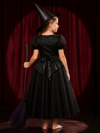 Kids' Witch Costume Set with Hat, Layered Tulle Dress, Halloween Outfit back view