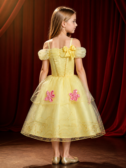 Girls Princess Dress Tutu Ball Gown with Butterfly Bow & Floral Embroidery back view