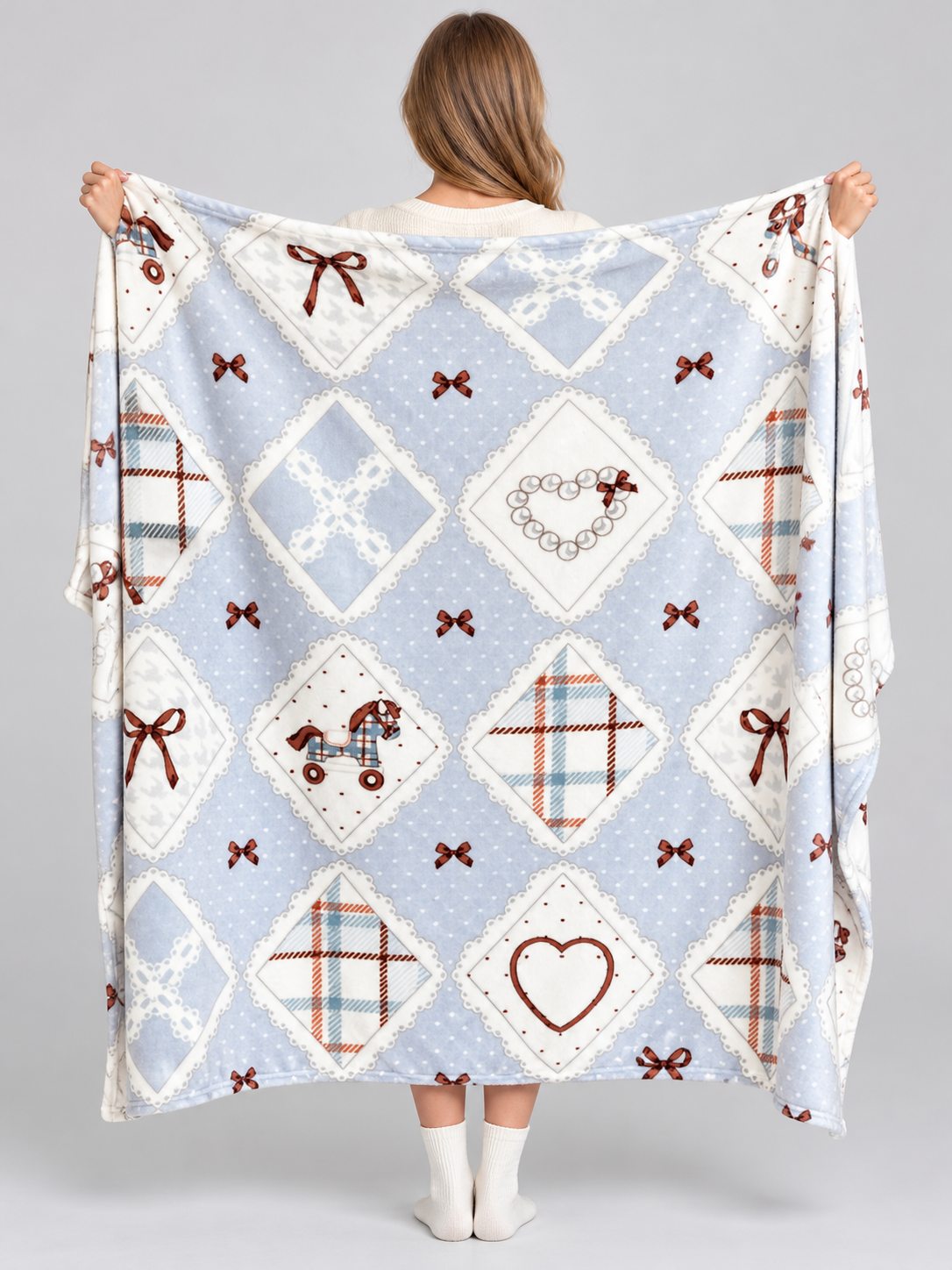Reversible Blue Blanket with Horse and Bow Print