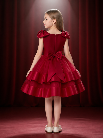 Girls' Burgundy Sleeveless Princess Dress, Layered Tulle Ruffles With Shoulder back view