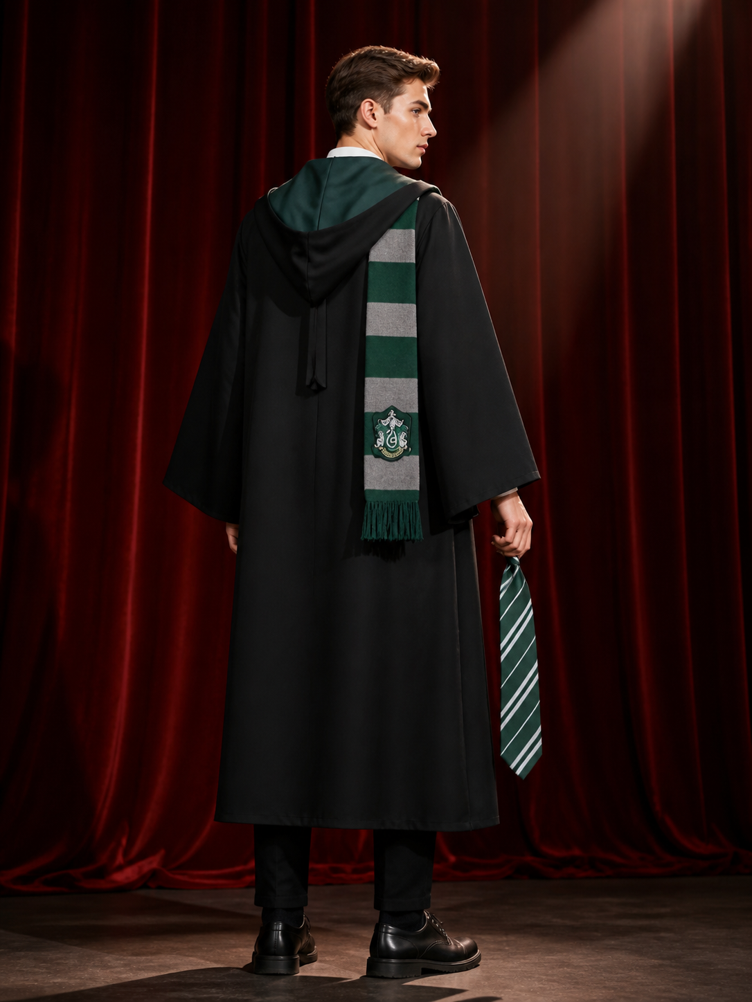 Green Hooded Wizard Robe Costume Set With Striped Scarf And Tie