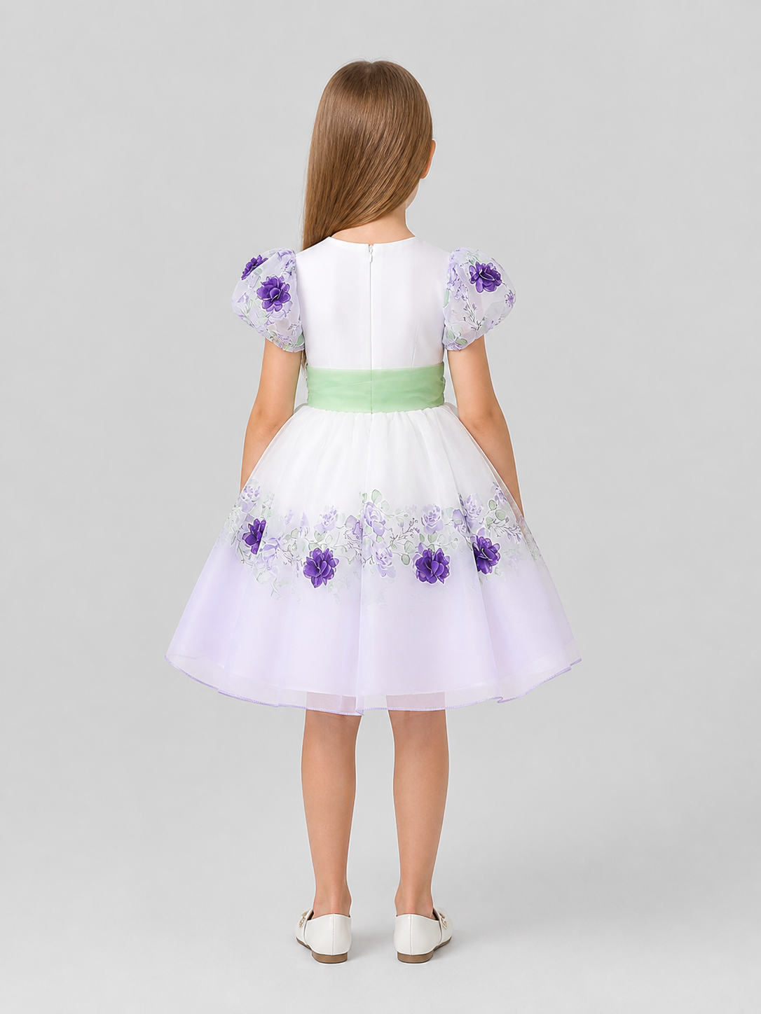 Princess Party Dress with Flowers and a Full Skirt back view