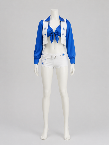 Blue and White Cheerleading-Style Set with Top and Shorts back view