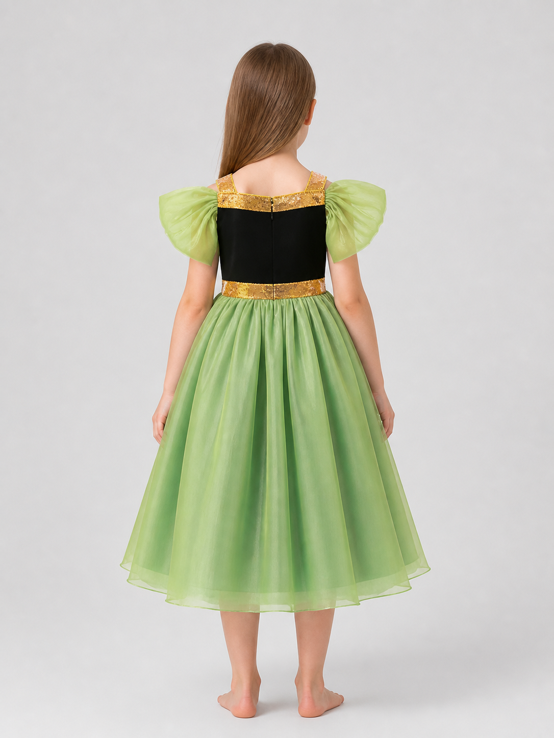 Green Princess Dress for Girls with a Tulle Skirt back view