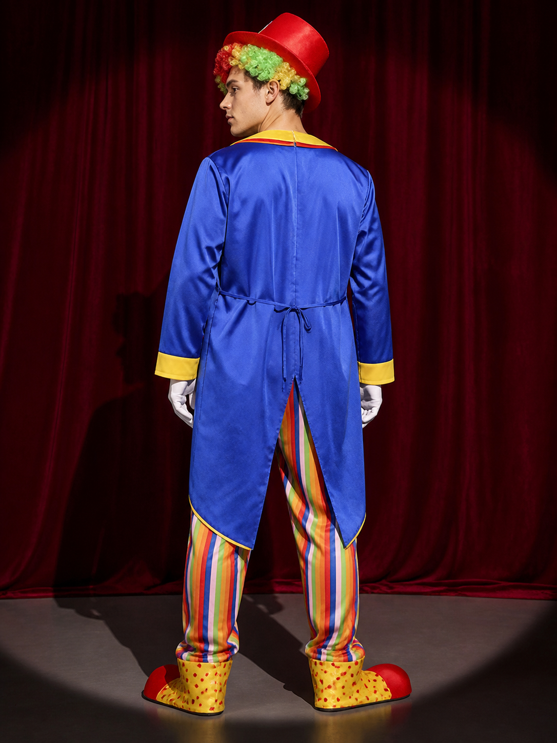 Adult Halloween Clown Circus Costume Set - Striped Jumpsuit, Jacket, Hat, Bow back view