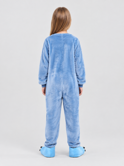Blue and White Flannel Pajama Jumpsuit with Pockets