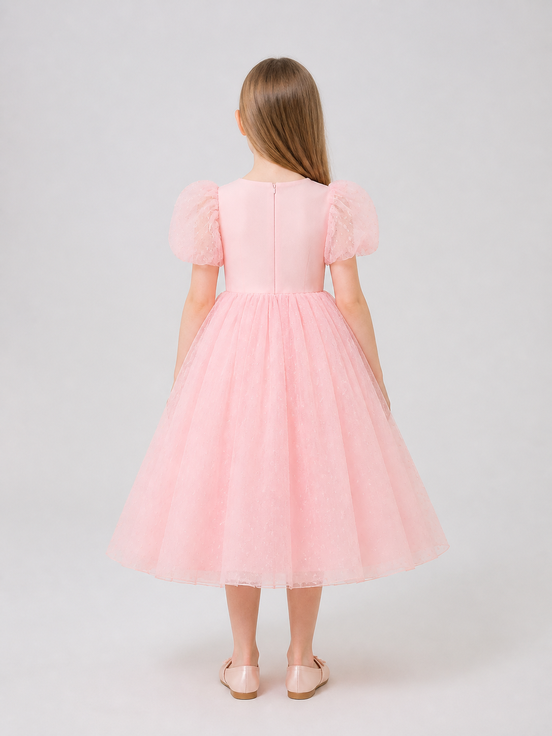 Pink Princess Dress with a Full Skirt and Sleeves back view