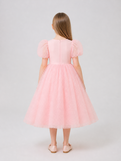 Pink Princess Dress with a Full Skirt and Sleeves back view