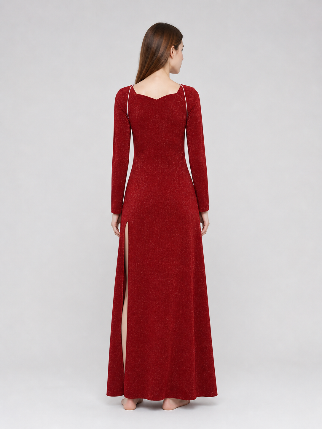 Shrek Costume: Red Long-Sleeve Maxi Dress back view 3
