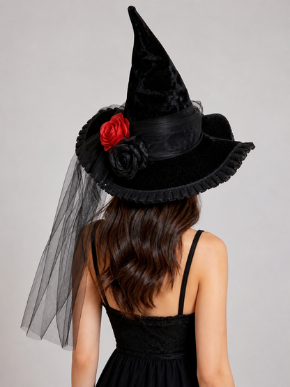 Black Halloween Witch Hat with Red Rose, Wide Brim, Tall Pointed Crown and Sheer Veil for Costume Parties and Photo Shoots