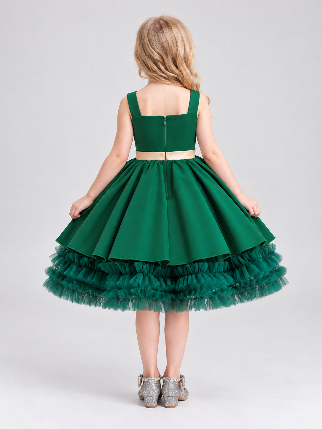Dark Green Girls' Holiday Dress with Bow at the Waist