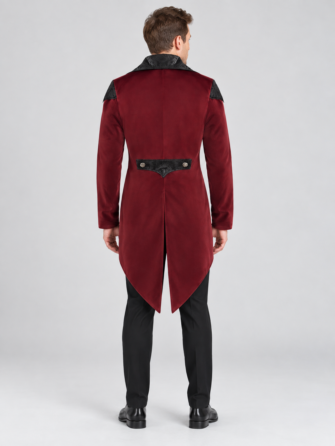 Burgundy carnaval tailcoat with black lace and embroidery