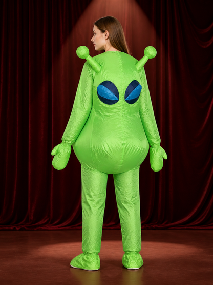Adult Green Alien Costume Bodysuit with Antennae and Blue Eyes back view