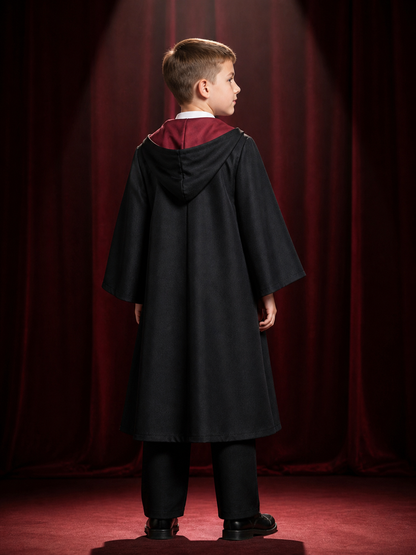 Kids Wizard Costume Set, Hooded Cape, Vest and Pants with Red-Gold Trim for back view