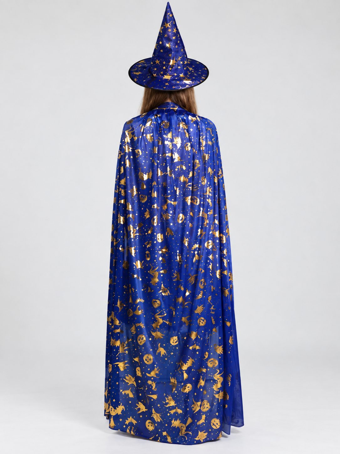 Carnival costume with floor-length cape and hat, blue