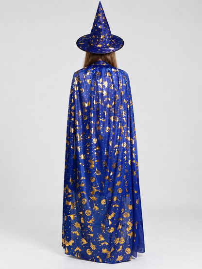Carnival costume with floor-length cape and hat, blue