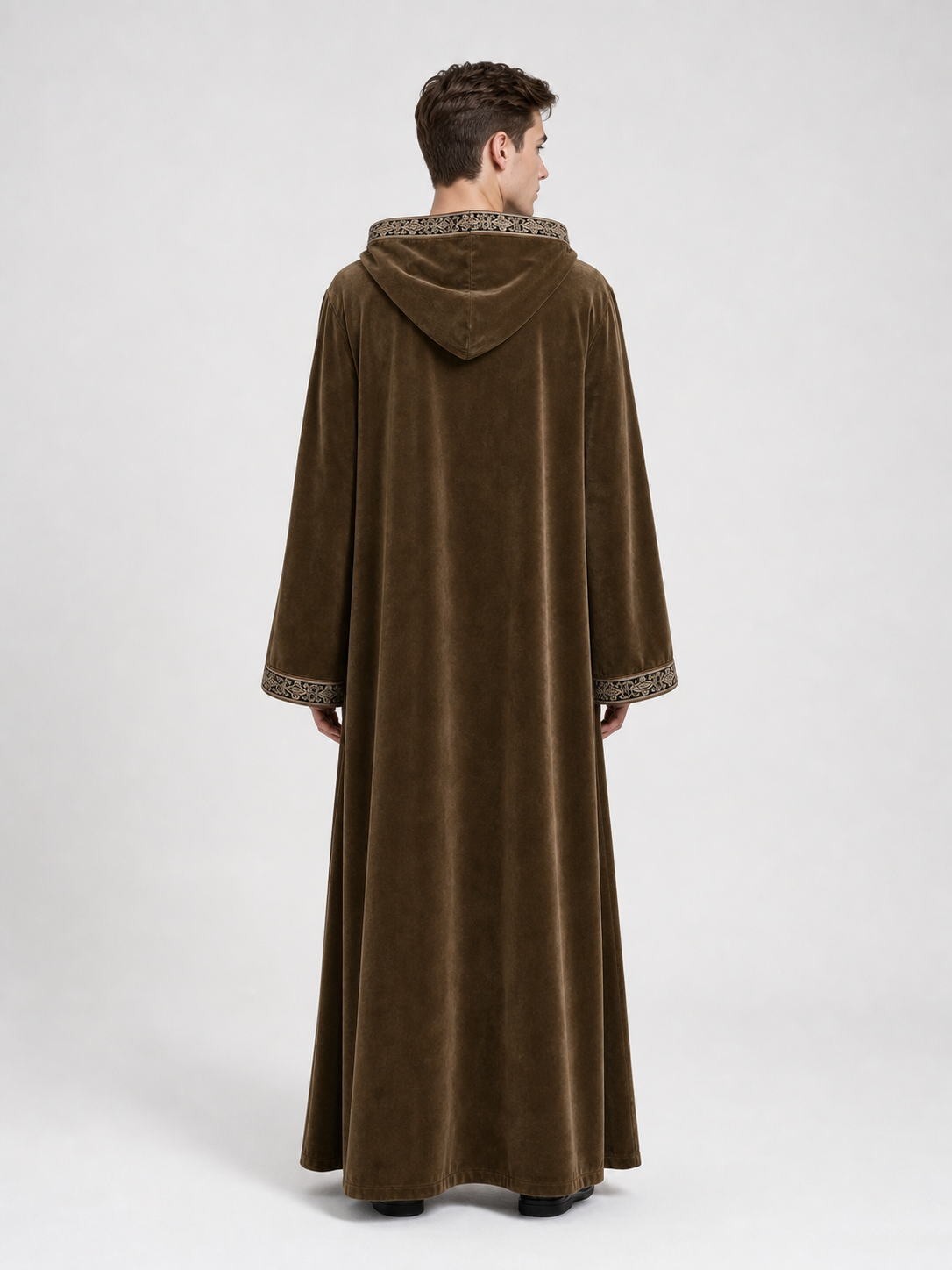 Long Hooded Robe, Brown, Loose Fit back view 6