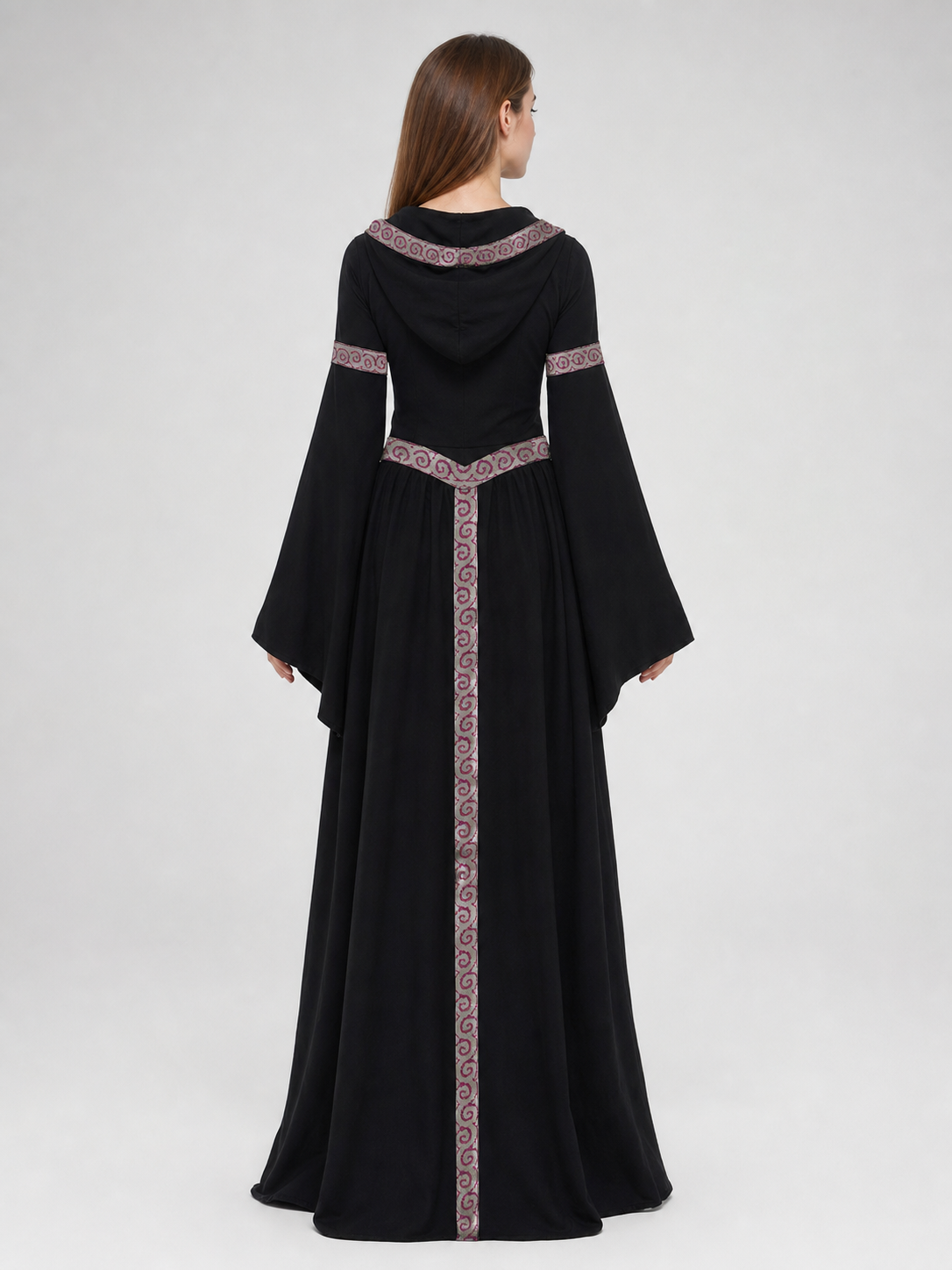Black Gothic Carnival Dress with Hood and Sleeves back view