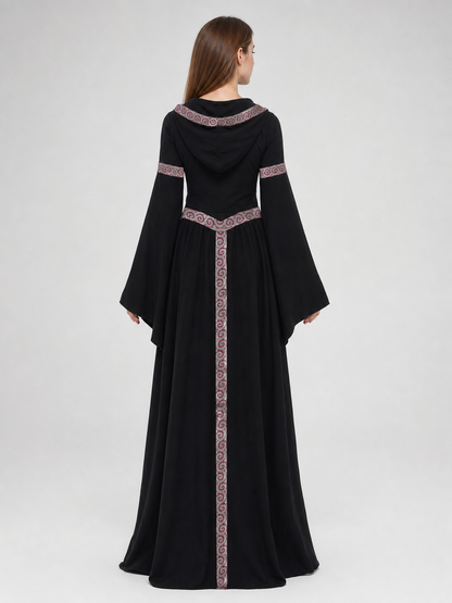 Black Gothic Carnival Dress with Hood and Sleeves back view