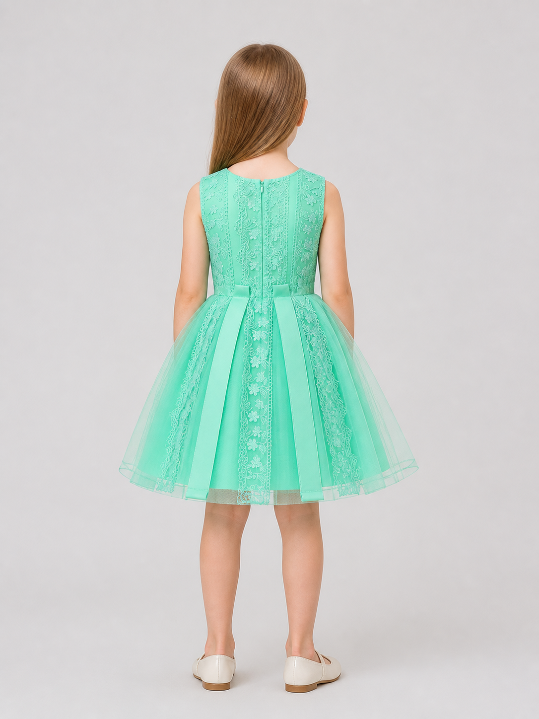 Fluffy Mint Tulle Dress with Floral Embroidery back view