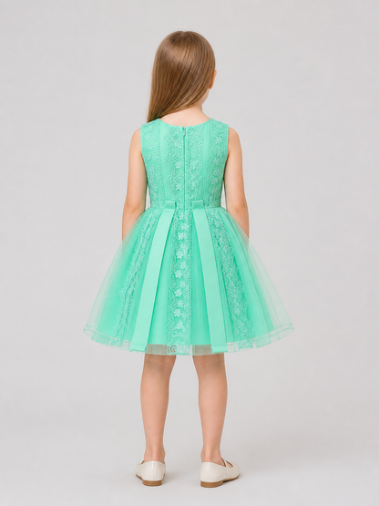 Fluffy Mint Tulle Dress with Floral Embroidery back view