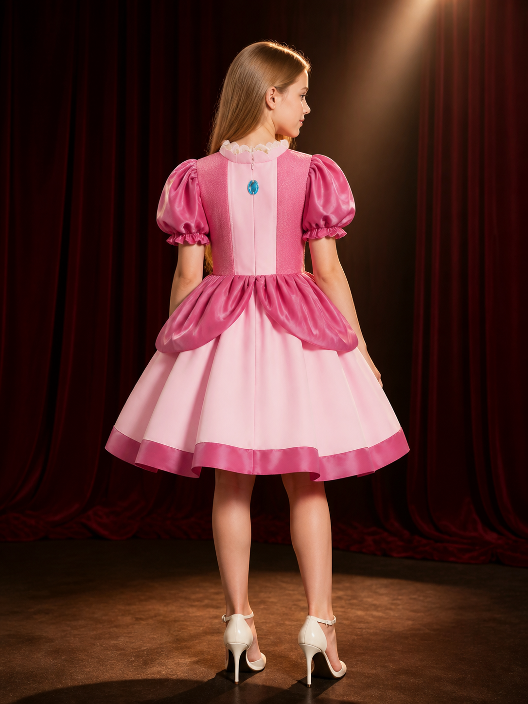 Girls Peach Princess Costume Dress, Puffy Sleeves Ball Gown Halloween Cosplay back view