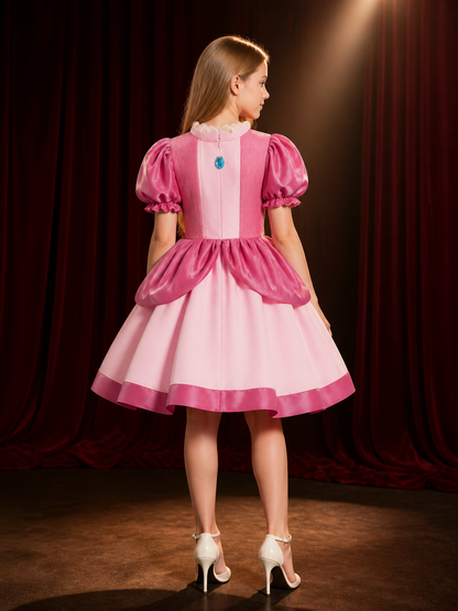Girls Peach Princess Costume Dress, Puffy Sleeves Ball Gown Halloween Cosplay back view