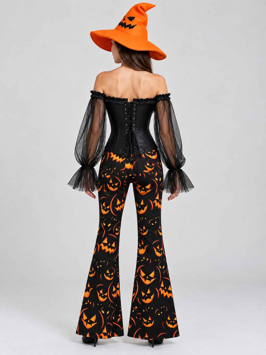 Witch Halloween Costume with Corset, Flared Pants, and Hat