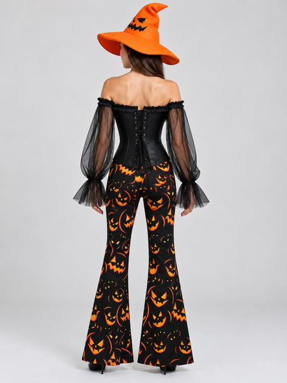 Witch Halloween Costume with Corset, Flared Pants, and Hat