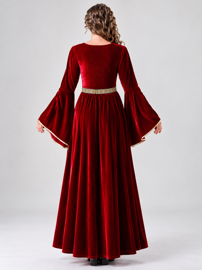 Long Medieval Dress with Embroidery and Flared Sleeves