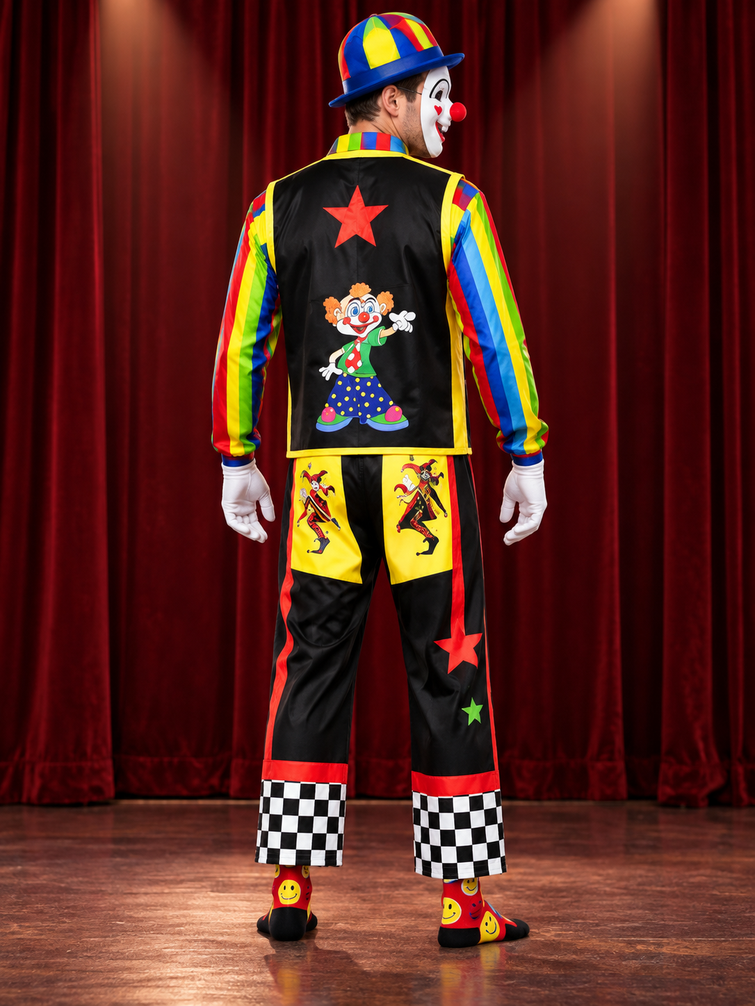 Colorful Clown Costume with Vest, Hat, and Mask