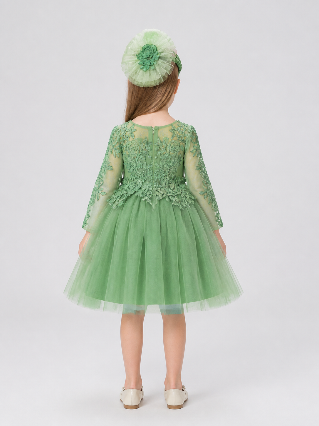 Embroidered Princess Dress with Full Skirt and Headband back view