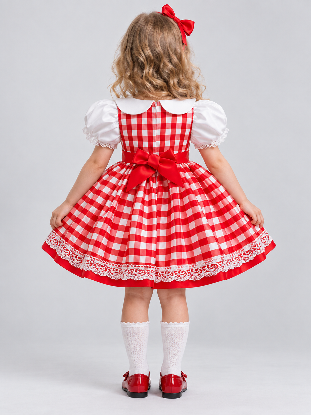 Girls' Holiday Dress in Red and White Check with Bow