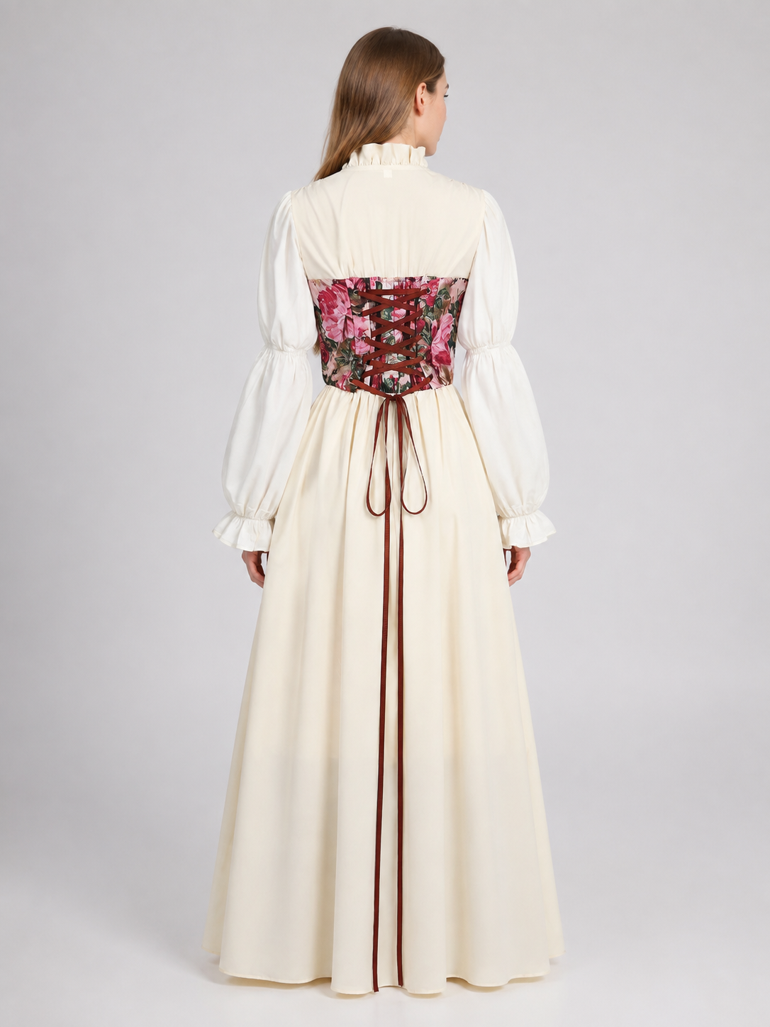 Long Dress with Corset, Ruffles, and Floral Print back view