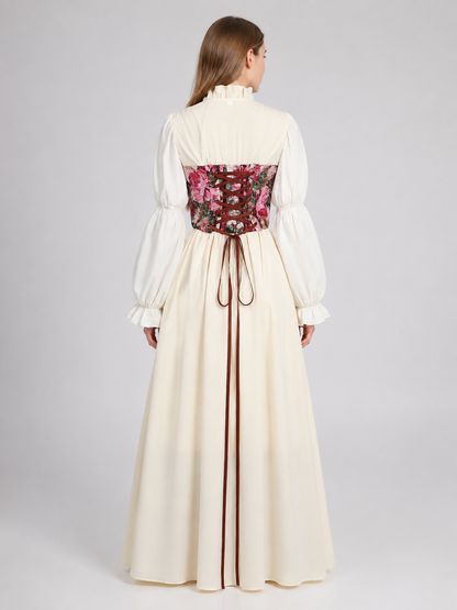Long Dress with Corset, Ruffles, and Floral Print back view