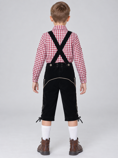 Kids' Black Suspender Pants with Embroidery