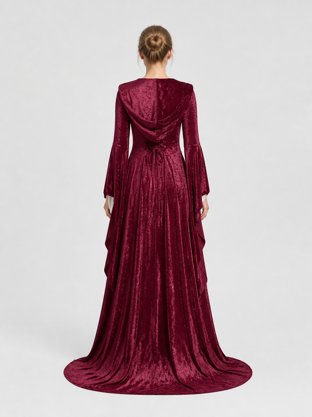 Wine-Colored Hooded Gothic Dress with Train back view