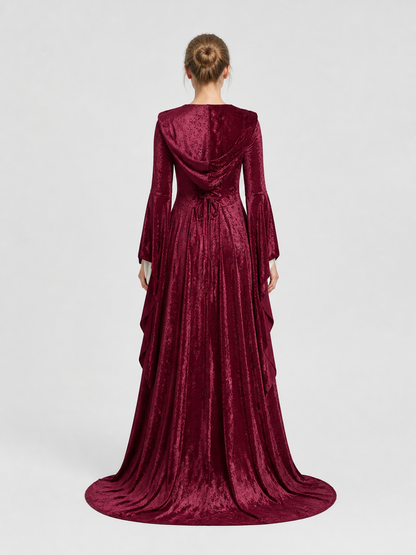 Wine-Colored Hooded Gothic Dress with Train back view