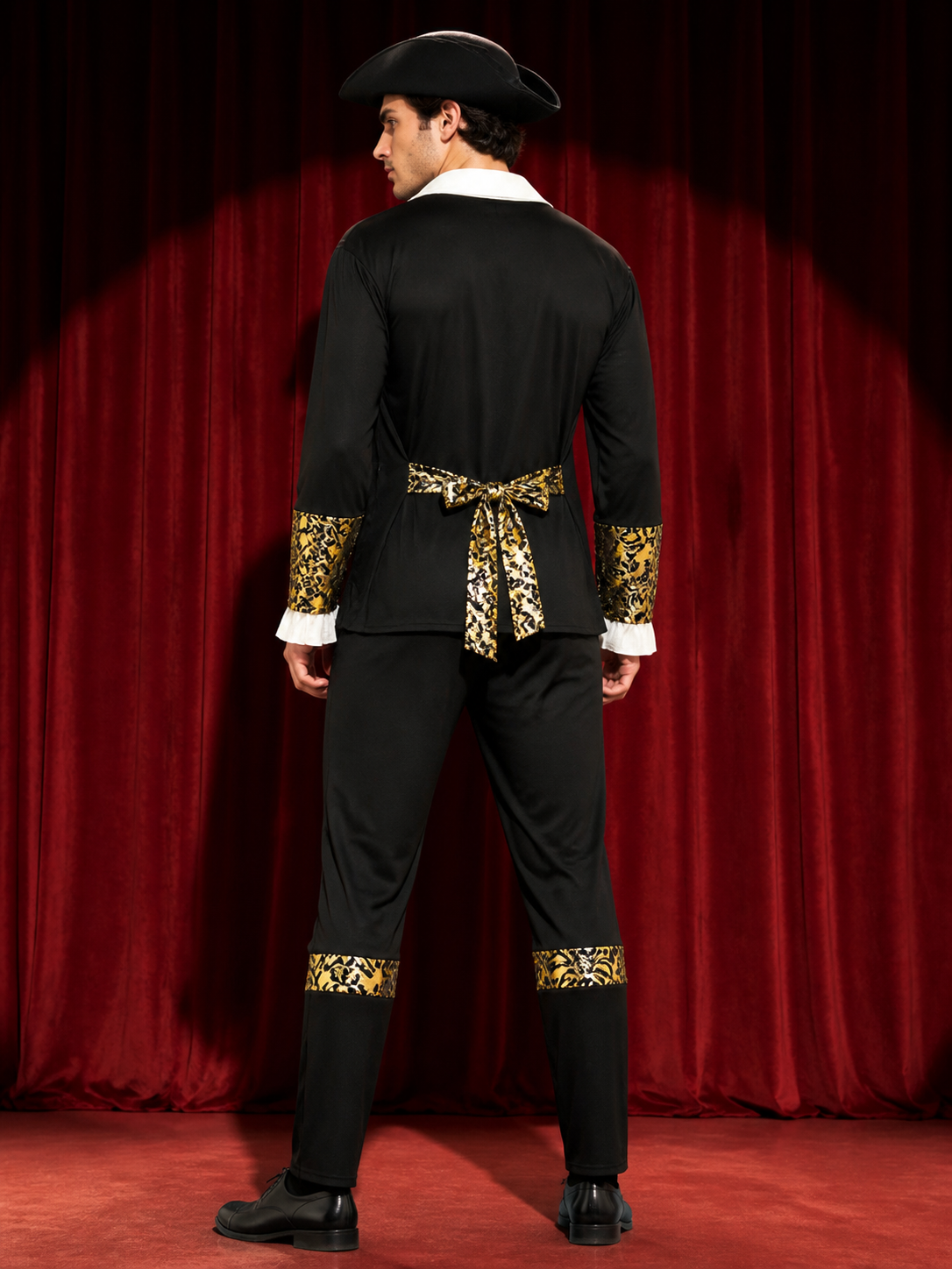 Adult Pirate Costume Set With Baroque Gold Trim, Hat, Shirt And Pants back view
