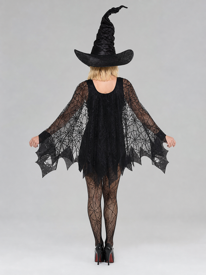 Witch Costume with Spiderweb Pattern and Pointed Hat