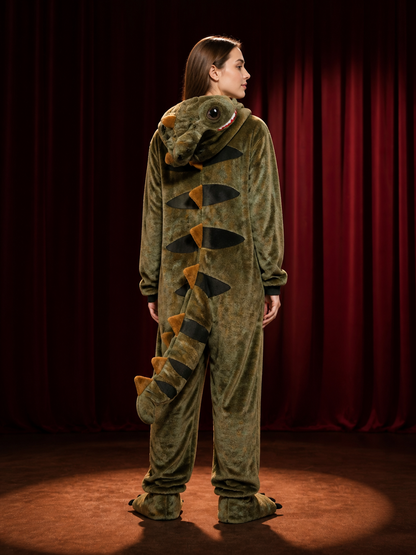Little Dinosaur Hooded Onesie Costume with Tail and Claw Feet back view