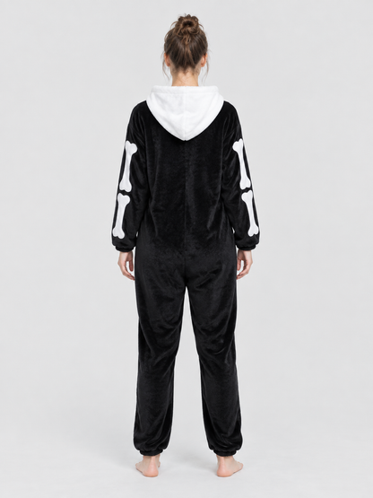 Pajama Jumpsuit with White Hood and Bone Print