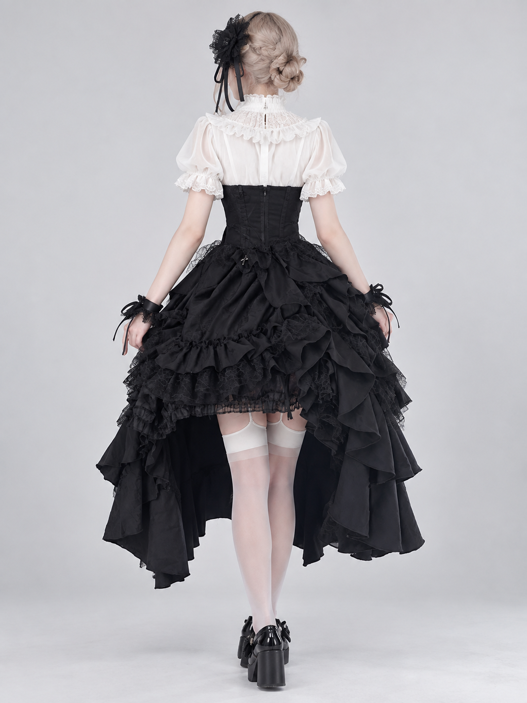 Black Lolita Skirt with Ruffles and Asymmetrical Hem