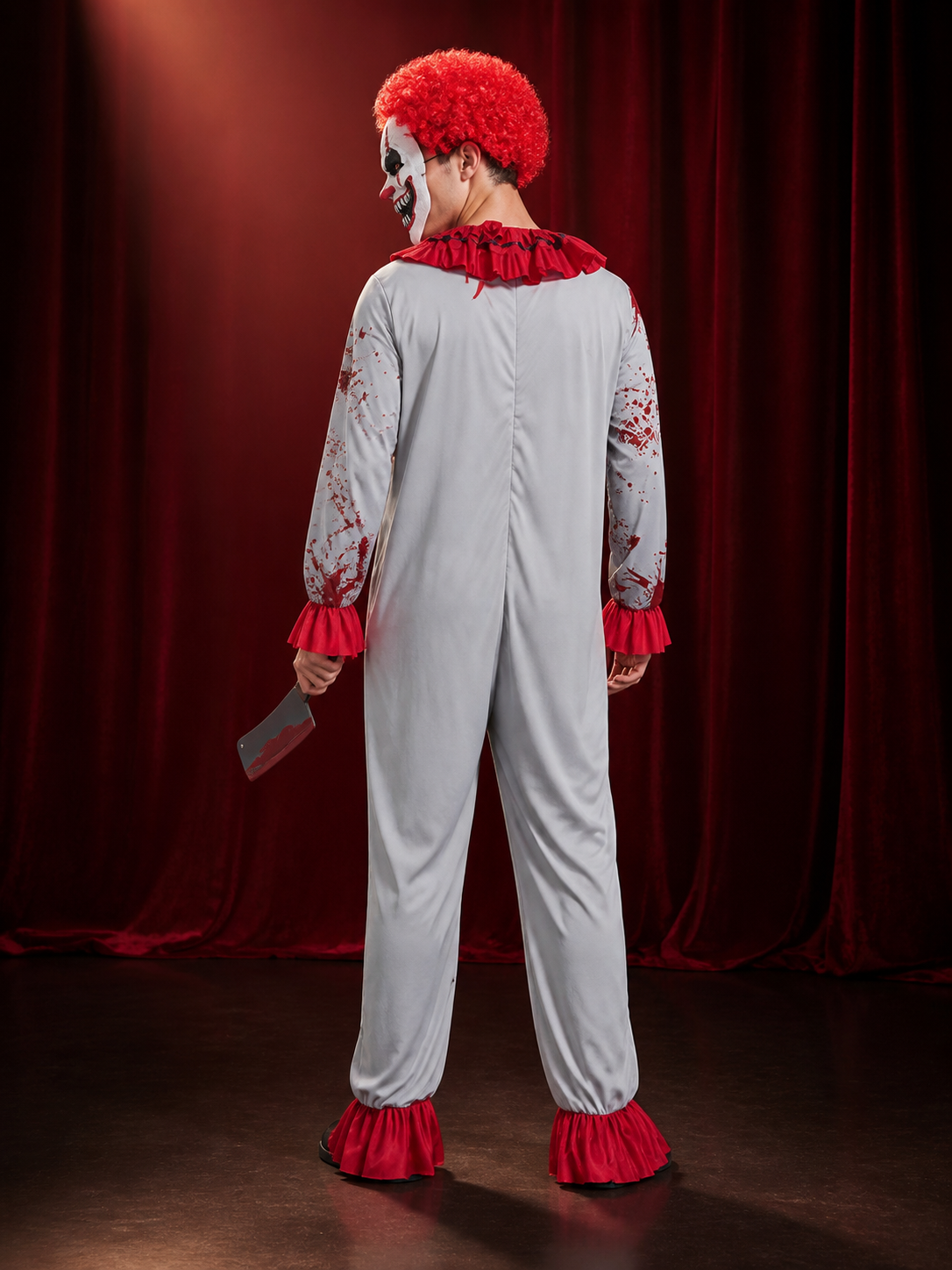 Scary Clown Bodysuit Costume with Blood Stains, Mask and Accessories for back view